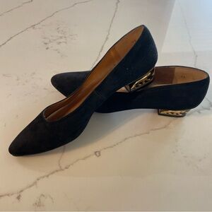 Black Suede Pointed Toe Heels with Gold Accent